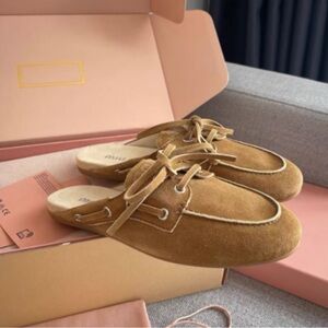 Miu Miu Camel Suede Lace-Top Mule Clogs